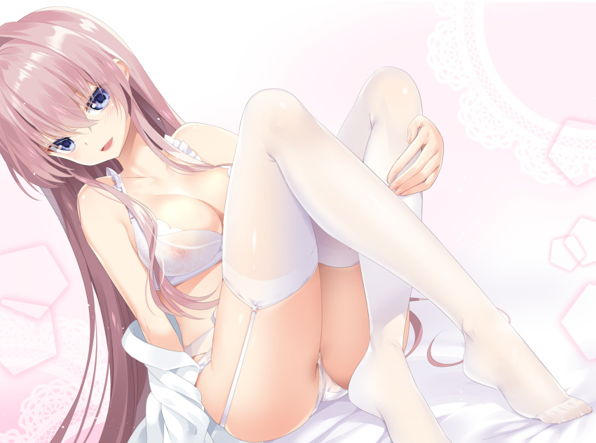 1girl bangs blue_eyes blush bra breasts brown_hair cleavage crossed_legs dutch_angle garter_belt heart heart-shaped_pupils highres long_hair looking_at_viewer medium_breasts mvv nipples open_mouth original panties see-through shirt sitting solo symbol-shaped_pupils thighhighs underwear white_bra white_garter_belt white_legwear white_panties white_shirt