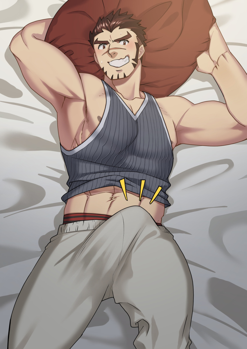 1boy :s abs akashi_(live_a_hero) armpits bara blush bulge casual erection erection_under_clothes feet_out_of_frame grey_tank_top grin highres live_a_hero long_sideburns looking_at_viewer lying male_focus male_underwear male_underwear_peek midriff_peek muscular muscular_male naughty_face navel nipple_slip nipples on_back on_bed pectorals red_male_underwear reward_available scar scar_on_face scar_on_nose seductive_smile shirt short_hair sideburns sidepec smile solo stomach striped striped_shirt tank_top thick_thighs thighs underwear yoshinaga_haru