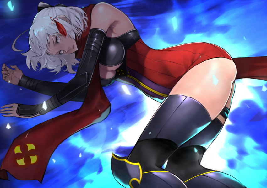 1girl absurdres ahoge ass breasts center_opening commentary_request dark-skinned_female dark_skin detached_sleeves fate/grand_order fate_(series) highres koha-ace large_breasts lying okita_souji_(alter)_(fate) okita_souji_(fate) on_side scarf solo thighhighs thighs yoshio_(55level)