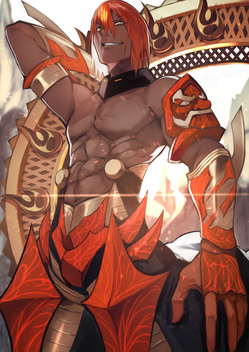 1boy abs absurdres ashwatthama_(fate) chakram commentary_request cowboy_shot dark-skinned_male dark_skin fate/grand_order fate_(series) gauntlets grin highres male_focus manly muscular over_shoulder pectorals red_hair smile solo topless_male weapon weapon_over_shoulder yellow_eyes yoshio_(55level)