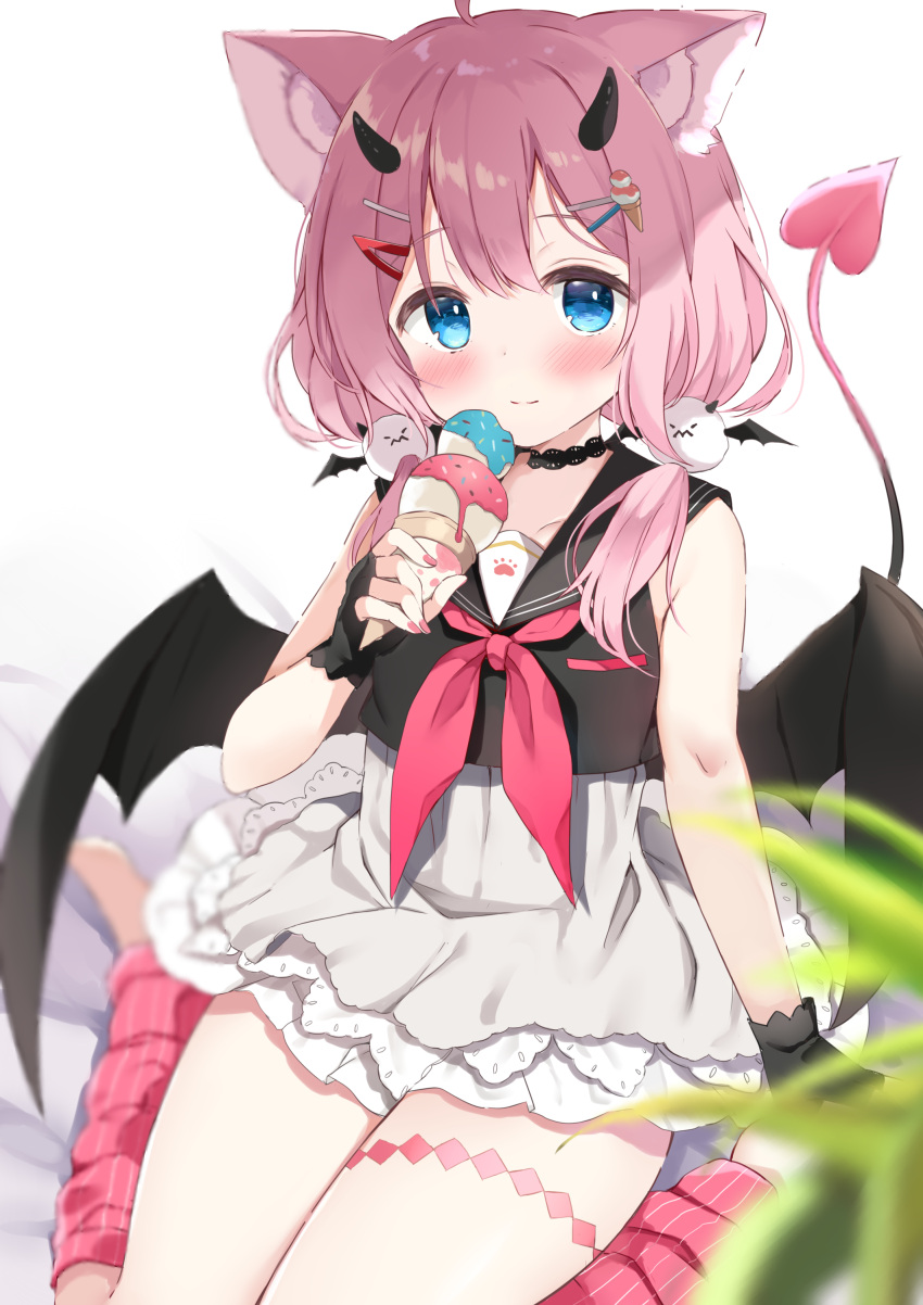 1girl absurdres ahoge animal_ear_fluff animal_ears bangs bare_shoulders bed_sheet black_gloves black_sailor_collar black_shirt black_wings blue_eyes blurry blurry_foreground blush closed_mouth collarbone commentary_request demon_girl demon_horns demon_tail demon_wings depth_of_field double_scoop eyebrows_visible_through_hair fingerless_gloves food gloves high-waist_skirt highres holding holding_food horns ice_cream ice_cream_cone indie_virtual_youtuber kujou_danbo leg_warmers looking_at_viewer low_twintails nail_polish neckerchief pink_hair pink_legwear pink_nails red_neckerchief sailor_collar sakurada_hane shirt short_twintails sitting skirt sleeveless sleeveless_shirt smile solo striped striped_legwear tail twintails vertical-striped_legwear vertical_stripes virtual_youtuber wariza white_background white_skirt wings