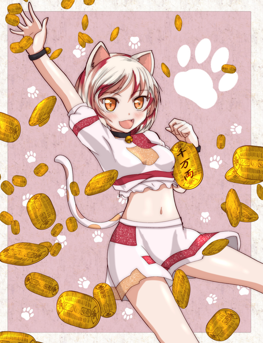 1girl absurdres animal_ears bangs bell calico cat_ears cat_girl cat_tail coin crop_top gold goutokuji_mike highres jingle_bell koban_(gold) maneki-neko midriff multicolored_clothes multicolored_hair multicolored_shirt multicolored_shorts multicolored_tail navel neck_bell open_mouth orange_eyes patches patchwork_clothes short_hair shorts stomach streaked_hair tail touhou usuba-kagerou white_hair
