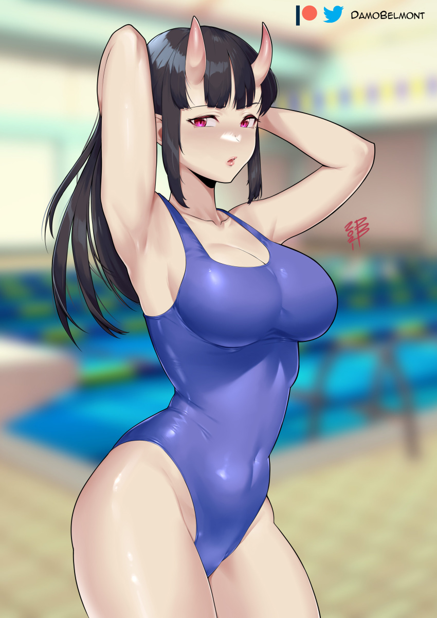 1girl absurdres armpits arms_behind_head arms_up artist_name bangs black_hair blue_swimsuit blunt_bangs blurry collarbone competition_swimsuit contrapposto covered_navel cowboy_shot curious damodar demon_girl depth_of_field english_commentary groin highres horns indoors lips long_hair looking_at_viewer mole one-piece_swimsuit oni oni_horns original parted_lips ponytail pool poolside pose purple_eyes shiny shiny_skin shiny_swimsuit sidelocks signature solo standing swimsuit tying_hair