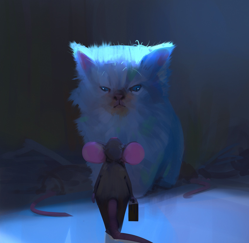 animal_focus blue_eyes cat drawing highres mouse no_humans original painting scenery snatti tail white_cat white_fur