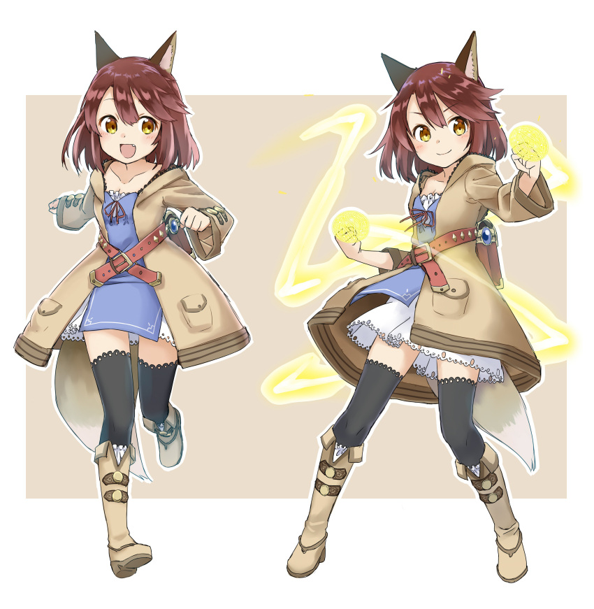 1girl absurdres amane_rosylily animal_ears beige_coat beige_footwear black_legwear boots brown_hair clenched_hands coat commentary_request dress fang fox_ears fox_girl fox_tail full_body highres hooded_coat long_sleeves open_clothes open_coat original sekira_ame short_dress short_hair smile tail thighhighs white_dress yellow_eyes