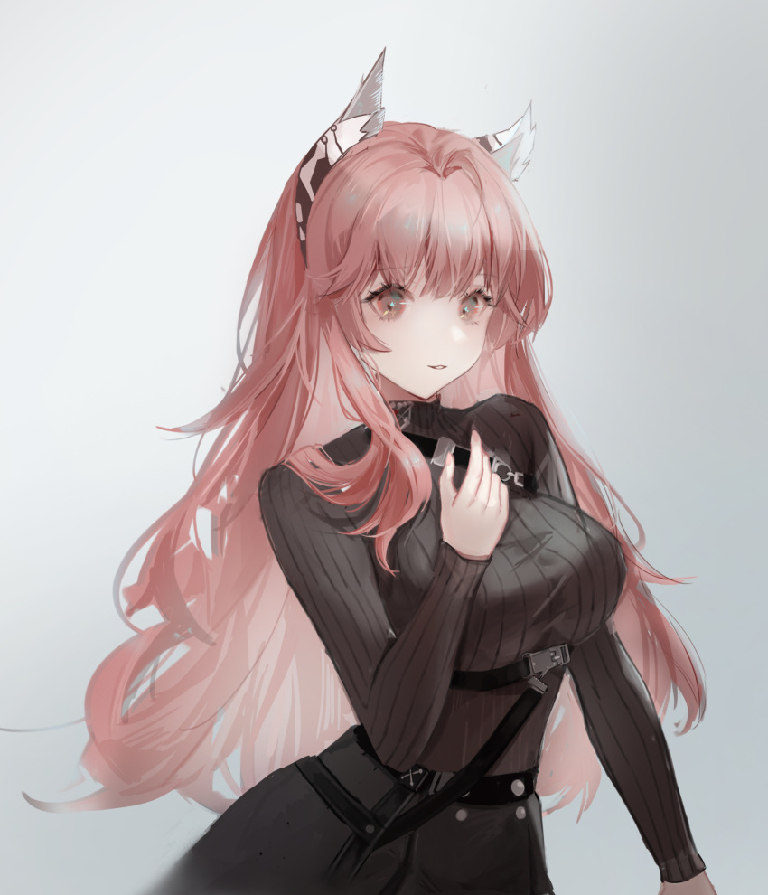 1girl absurdres animal_ear_fluff animal_ears bangs black_skirt black_sweater breasts closed_mouth eyebrows_visible_through_hair girls'_frontline girls'_frontline_neural_cloud grey_background hand_on_breast highres inez long_hair long_sleeves looking_at_viewer medium_breasts parted_lips persicaria_(girls'_frontline_nc) pink_hair ribbed_sweater skirt smile solo sweater turtleneck turtleneck_sweater upper_body
