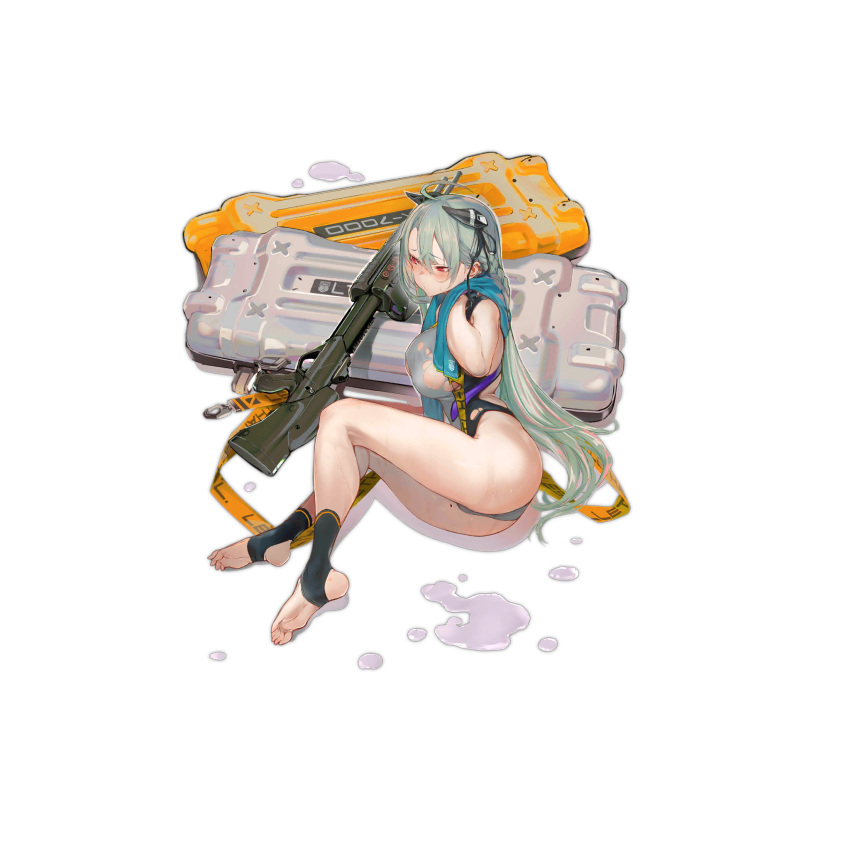 1girl afukuro aqua_hair bangs bare_legs blush braid breasts camera_phone closed_mouth eye_piercing eyebrows_visible_through_hair floor french_braid girls'_frontline gun hair_between_eyes hand_in_hair highres large_breasts legs long_hair looking_away ltlx_7000_(girls'_frontline) multicolored_hair official_art on_floor red_eyes shotgun sideboob soles solo summer sweat swimsuit thighs toes torn_clothes torn_swimsuit towel transparent_background viewfinder weapon weapon_case white_swimsuit