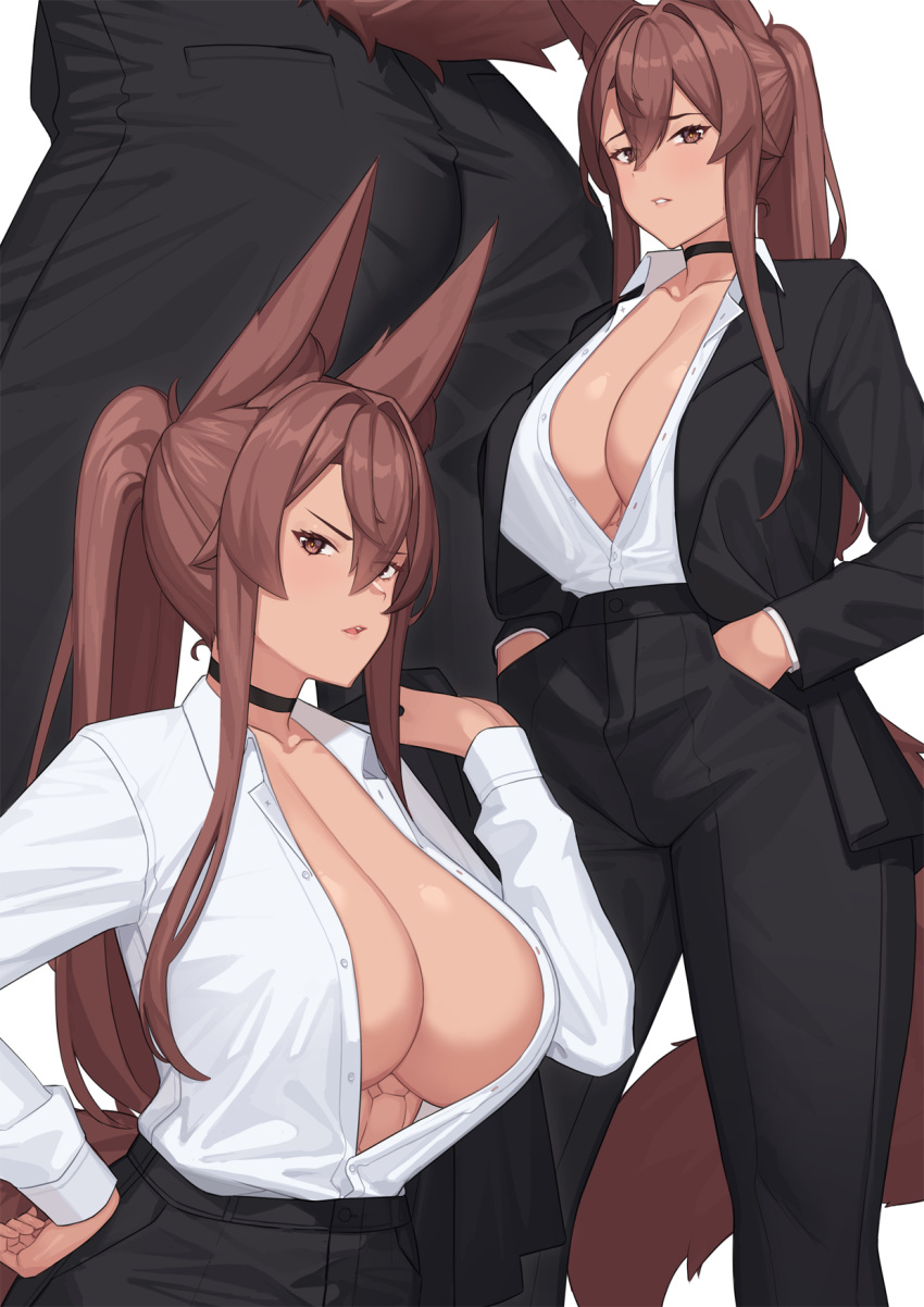 1girl abs abs_peek animal_ear_fluff animal_ears ass black_choker black_jacket black_pants breasts brown_eyes brown_hair choker collared_shirt commentary_request dark-skinned_female dark_skin formal fox_ears fox_tail franham from_behind hair_between_eyes hand_on_hip hands_in_pockets high-waist_pants highres jacket jacket_over_shoulder jacket_removed large_breasts long_hair long_sleeves looking_at_viewer multiple_views no_bra open_clothes open_jacket open_mouth original pants partially_unbuttoned pocket ponytail shirt shirt_tucked_in sidelocks simple_background standing suit suit_jacket tail teeth toned upper_teeth white_background white_shirt