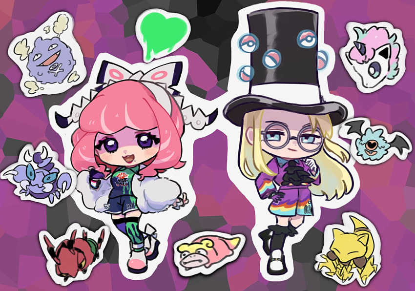 1boy 1girl :d abra asymmetrical_gloves asymmetrical_legwear avery_(pokemon) black_headwear black_jabot black_legwear blonde_hair blue_eyes blush bracelet chibi closed_mouth collared_shirt dynamax_band eneko_(olavcnkrpucl16a) eyeshadow fur_jacket galarian_ponyta galarian_slowpoke glasses gloves hat jabot jacket jewelry klara_(pokemon) koffing long_hair looking_at_viewer makeup mismatched_gloves mismatched_legwear mole mole_under_mouth open_mouth pink_eyeshadow pink_hair pokemon pokemon_(game) pokemon_swsh round_eyewear shirt shoes shorts single_glove skorupi smile socks teeth thighhighs tongue top_hat upper_teeth venipede white_jacket woobat