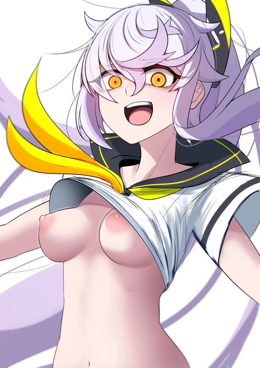 1girl akaoni_(zumt3548) areolae azur_lane bangs breasts clothes_lift commentary_request hair_between_eyes highres looking_at_viewer medium_breasts navel neckerchief nipples open_mouth ponytail sailor_collar shirt shirt_lift short_sleeves silver_hair simple_background siren_(azur_lane) siren_purifier_(azur_lane) smile solo stomach teeth tongue upper_body upper_teeth white_background white_shirt yellow_neckerchief