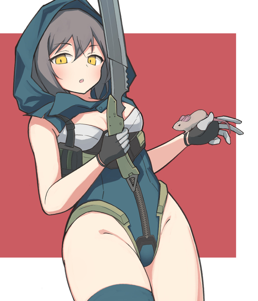1girl :o animal_on_hand apex_legends ash_(titanfall_2) black_gloves black_hair blue_leotard blush breasts caraku cleavage cleavage_cutout clothing_cutout eyebrows_visible_through_hair gloves highres holding holding_sword holding_weapon hood hood_up hooded_leotard humanization leotard mouse open_mouth short_hair single_thighhigh small_breasts solo sword thighhighs weapon