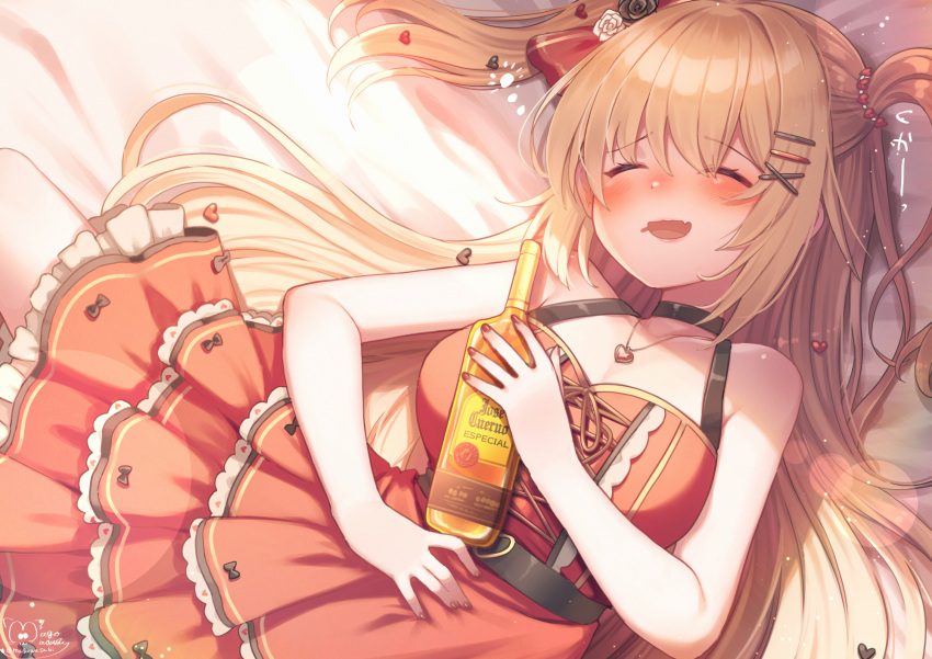 1girl akai_haato alcohol bangs blonde_hair blush bottle bow breasts cleavage closed_eyes dress drunk eyebrows_visible_through_hair fang hair_bow hair_ornament heart heart_hair_ornament heart_necklace highres hololive long_hair lying magowasabi on_back on_bed one_side_up open_mouth red_bow saliva skin_fang sleeping smile solo virtual_youtuber x_hair_ornament