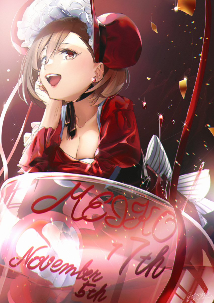 1girl anniversary arm_support ayamori_mimi bent_over black_background bonnet bow breasts brown_eyes brown_hair cleavage commentary cup dated dress drinking_glass earrings head_rest highres jewelry lipstick looking_at_viewer makeup meiko nail_polish open_mouth oversized_object red_dress red_headwear red_nails reflection short_hair signature smile solo sparkle standing standing_on_liquid vocaloid white_bow wine_glass
