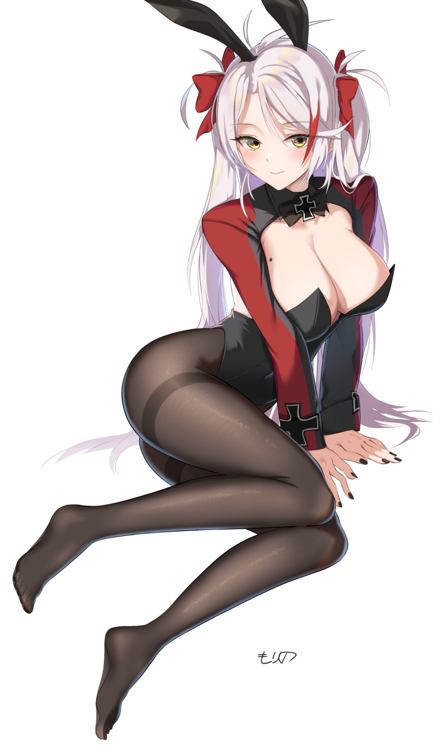 1girl animal_ears arm_support azur_lane black_legwear black_leotard black_nails blush bow bowtie breasts cleavage commentary_request covered_navel cross fake_animal_ears full_body grey_hair hair_bow hairband highres iron_cross large_breasts leotard long_hair long_sleeves looking_at_viewer mole mole_on_breast morino_(harpoomoss) pantyhose playboy_bunny prinz_eugen_(azur_lane) rabbit_ears red_bow shrug_(clothing) sitting smile solo thighband_pantyhose two_side_up yellow_eyes yokozuwari