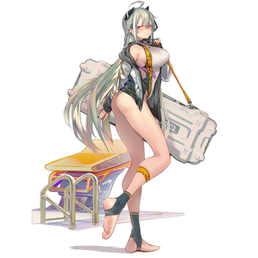 1girl afukuro aqua_hair bangs bare_legs barefoot blush braid breasts camera_phone closed_mouth eye_piercing eyebrows_visible_through_hair feet floor french_braid girls'_frontline hair_between_eyes highres holding_case jacket large_breasts legs long_hair looking_at_viewer ltlx_7000_(girls'_frontline) multicolored_hair official_art open_clothes open_jacket red_eyes sideboob soles solo standing summer swimsuit thighs toes transparent_background viewfinder weapon_case white_jacket white_swimsuit