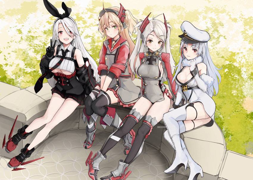 4girls absurdres admiral_hipper_(azur_lane) ahoge antenna_hair arescr azur_lane bare_shoulders blonde_hair boots breasts buttons cleavage crop_top double-breasted english_commentary green_eyes hat high_heel_boots high_heels highres large_breasts long_hair looking_at_viewer multicolored_hair multiple_girls orange_eyes prinz_eugen_(azur_lane) prinz_heinrich_(azur_lane) red_eyes red_hair side_cutout silver_hair streaked_hair tallinn_(azur_lane) thigh_boots thighhighs two_side_up underboob very_long_hair white_hair