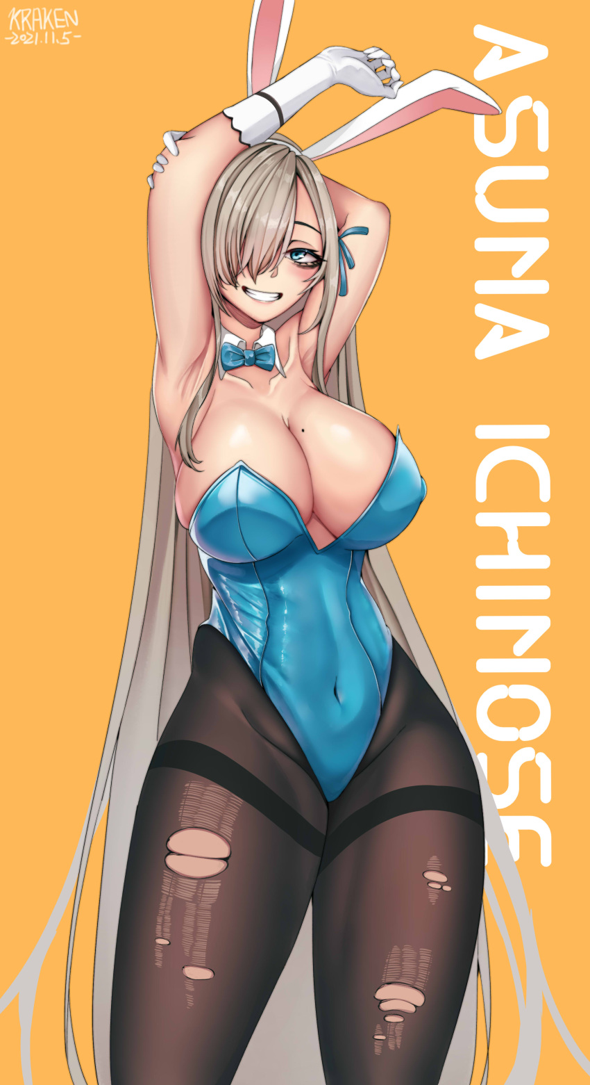 1girl absurdres animal_ears armpits arms_up asuna_(blue_archive) black_legwear blue_archive blue_bow blue_bowtie blue_leotard bow bowtie breasts character_name detached_collar fake_animal_ears hair_over_one_eye highleg highleg_leotard highres kuraken large_breasts leotard light_brown_hair long_hair mole mole_on_breast pantyhose playboy_bunny rabbit_ears solo strapless strapless_leotard thighband_pantyhose torn_clothes torn_legwear very_long_hair