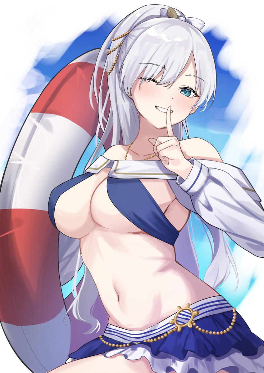 1girl anastasia_(fate) anastasia_(swimsuit_archer)_(fate) asashin_(asn) bangs bikini bikini_skirt blue_bikini blue_eyes blue_skirt blue_swimsuit blush breasts cleavage collarbone commentary eyebrows_visible_through_hair fate/grand_order fate_(series) finger_to_mouth frilled_skirt frills grin highres holding holding_innertube index_finger_raised innertube jewelry large_breasts long_hair long_sleeves looking_at_viewer miniskirt navel necklace off_shoulder one_eye_closed ponytail shushing silver_hair skirt smile solo swimsuit teeth white_sleeves