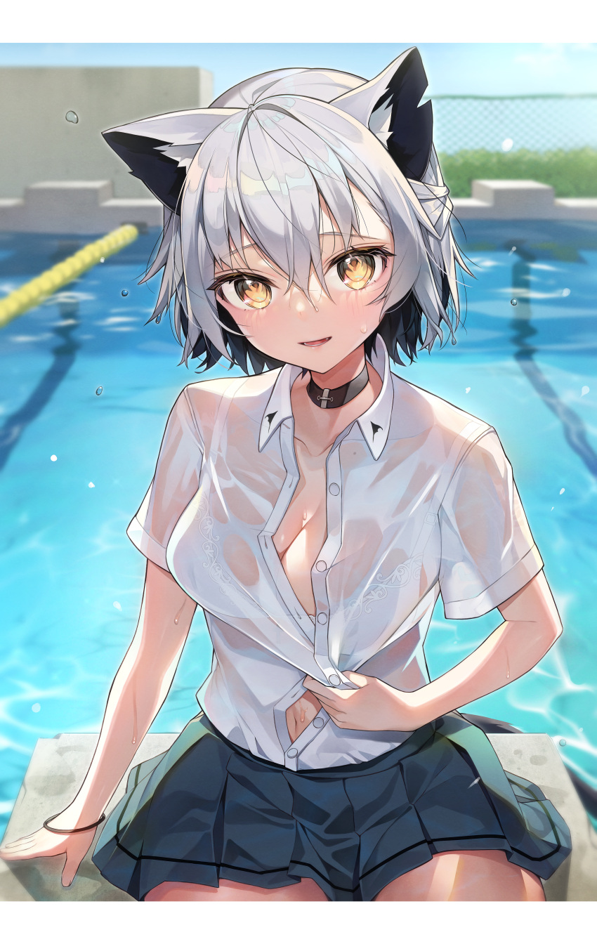 1girl absurdres animal_ears arm_support bangs black_choker black_collar blurry blurry_background blush bra bracelet breasts cat_ears cat_tail choker collar collared_shirt commentary day depth_of_field dress_shirt english_commentary engrish_commentary grey_hair highres jewelry letterboxed looking_at_viewer medium_breasts navel open_clothes open_mouth open_shirt original outdoors partially_unbuttoned pleated_skirt pool poolside school_uniform see-through shirt shirt_tucked_in sitting skirt tail underwear water water_drop wet wet_clothes wet_hair wet_shirt white_bra white_shirt wing_collar yayoichi_(yoruyoru108) yellow_eyes