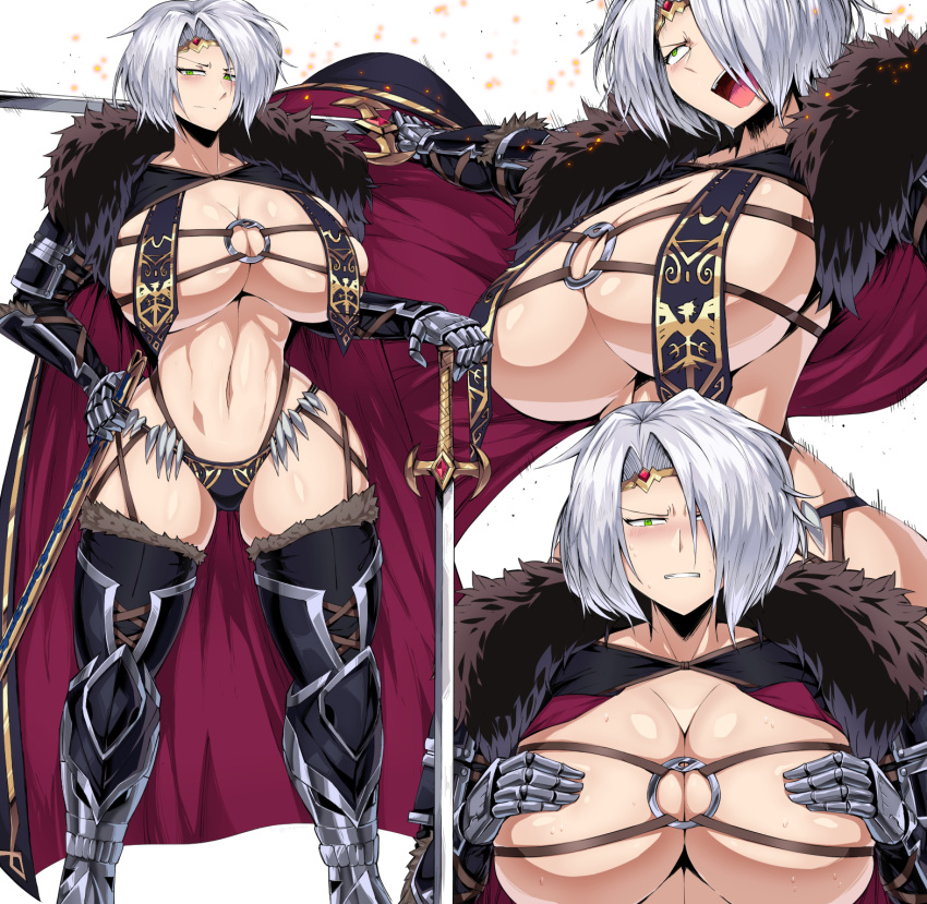 1girl armor bikini_armor blush boots breast_hold breasts circlet cleavage covering covering_breasts embarrassed gauntlets glaring green_eyes highres huge_breasts looking_at_viewer metal midriff multiple_views navel original revealing_clothes scowl shimure_(460) shiny shiny_hair shiny_skin short_hair silver_hair skindentation standing sweat sword thigh_boots thighhighs weapon wide_hips