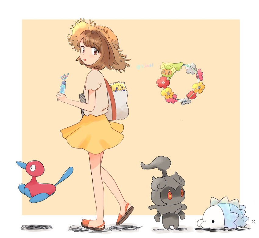 1girl alternate_costume bag bottle brown_eyes brown_hair comfey commentary_request eyelashes full_body gloria_(pokemon) hat highres holding holding_bottle in_bag in_container joltik looking_at_viewer looking_to_the_side marshadow orange_footwear pokemon pokemon_(creature) pokemon_(game) pokemon_swsh porygon2 sandals shirt short_hair short_sleeves skirt snom standing straw_hat toes twitter_username white_bag yellow_skirt yja61