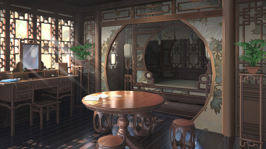 architecture bed chinese_commentary commentary_request desk east_asian_architecture flower_pot highres incense_burner lamp mirror moon_gate no_humans original paper plant scenery shade shelf stool sunlight table wooden_floor xingzhi_lv