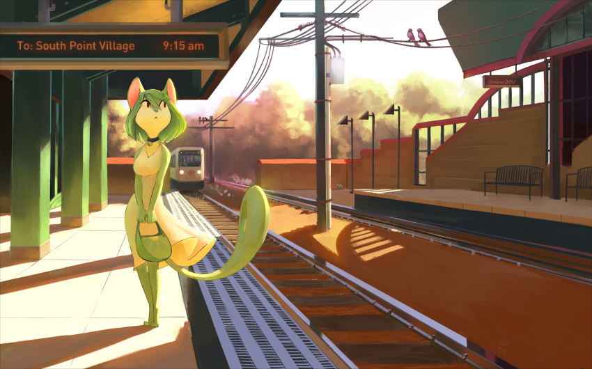 1girl :&lt; animal_ears bag barefoot bell bird black_eyes breasts day digitigrade dress english_commentary eyebrows_visible_through_hair furry furry_female green_fur green_hair ground_vehicle handbag highres jingle_bell long_tail medium_breasts neck_bell original short_hair snout solo standing sundress sy_noon tail train train_station v_arms