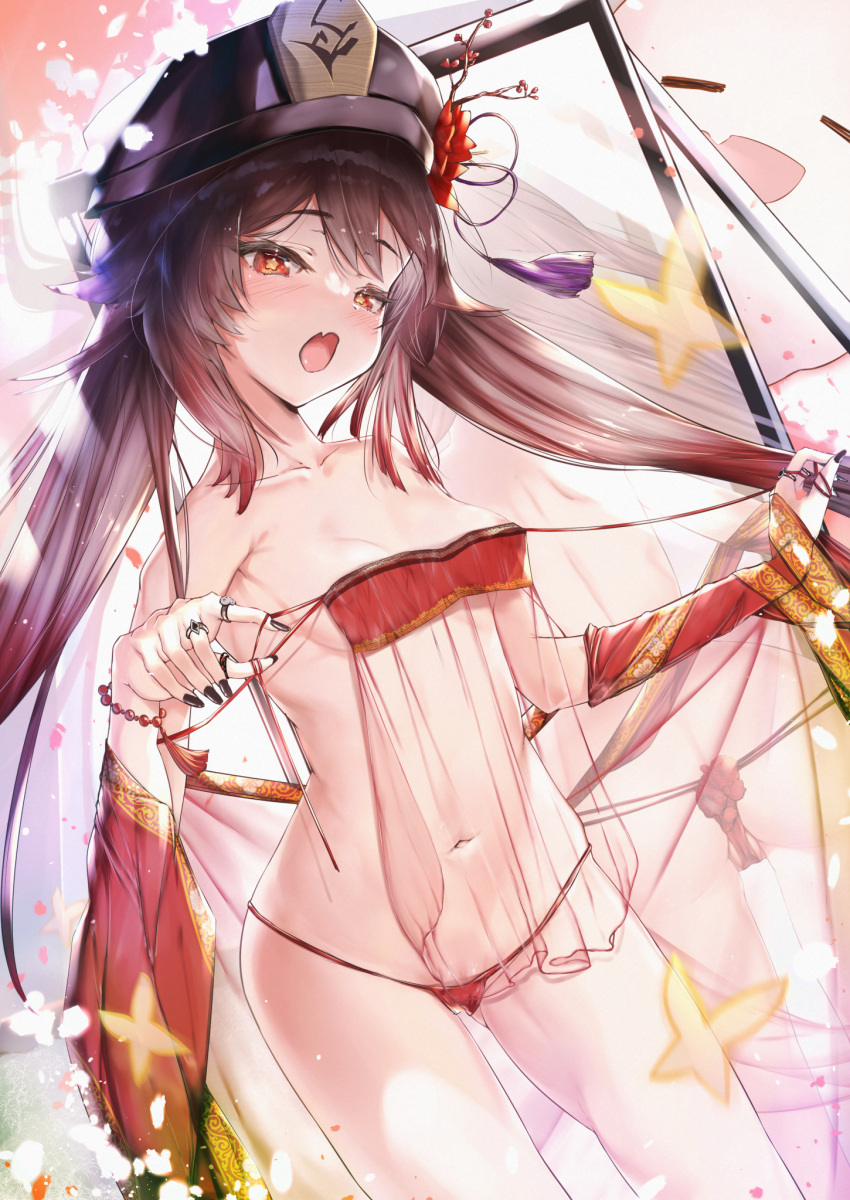 1girl bangs bare_shoulders bikini black_headwear blush breasts brown_hair bug butterfly collarbone detached_sleeves genshin_impact hat highres hu_tao_(genshin_impact) long_hair looking_at_viewer mathiamo13 open_mouth red_bikini red_eyes small_breasts swimsuit symbol-shaped_pupils thighs twintails very_long_hair