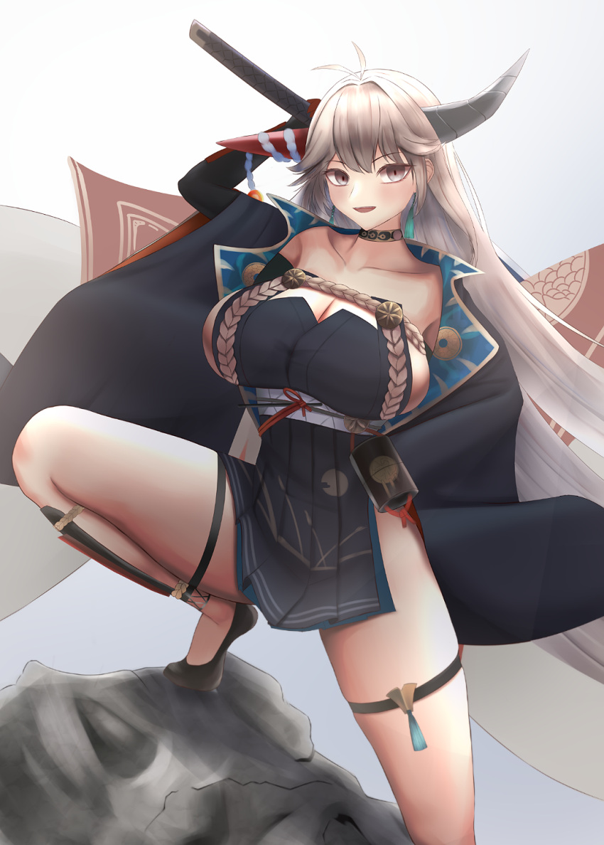 1girl azur_lane black_footwear breasts cleavage collarbone eyebrows_visible_through_hair feet_out_of_frame grey_hair hakuryuu_(azur_lane) highres holding holding_sword holding_weapon horns huge_breasts japanese_clothes kdkaikai long_hair looking_at_viewer open_mouth over_shoulder platinum_blonde_hair purple_eyes shoes simple_background solo standing sword sword_over_shoulder weapon weapon_over_shoulder