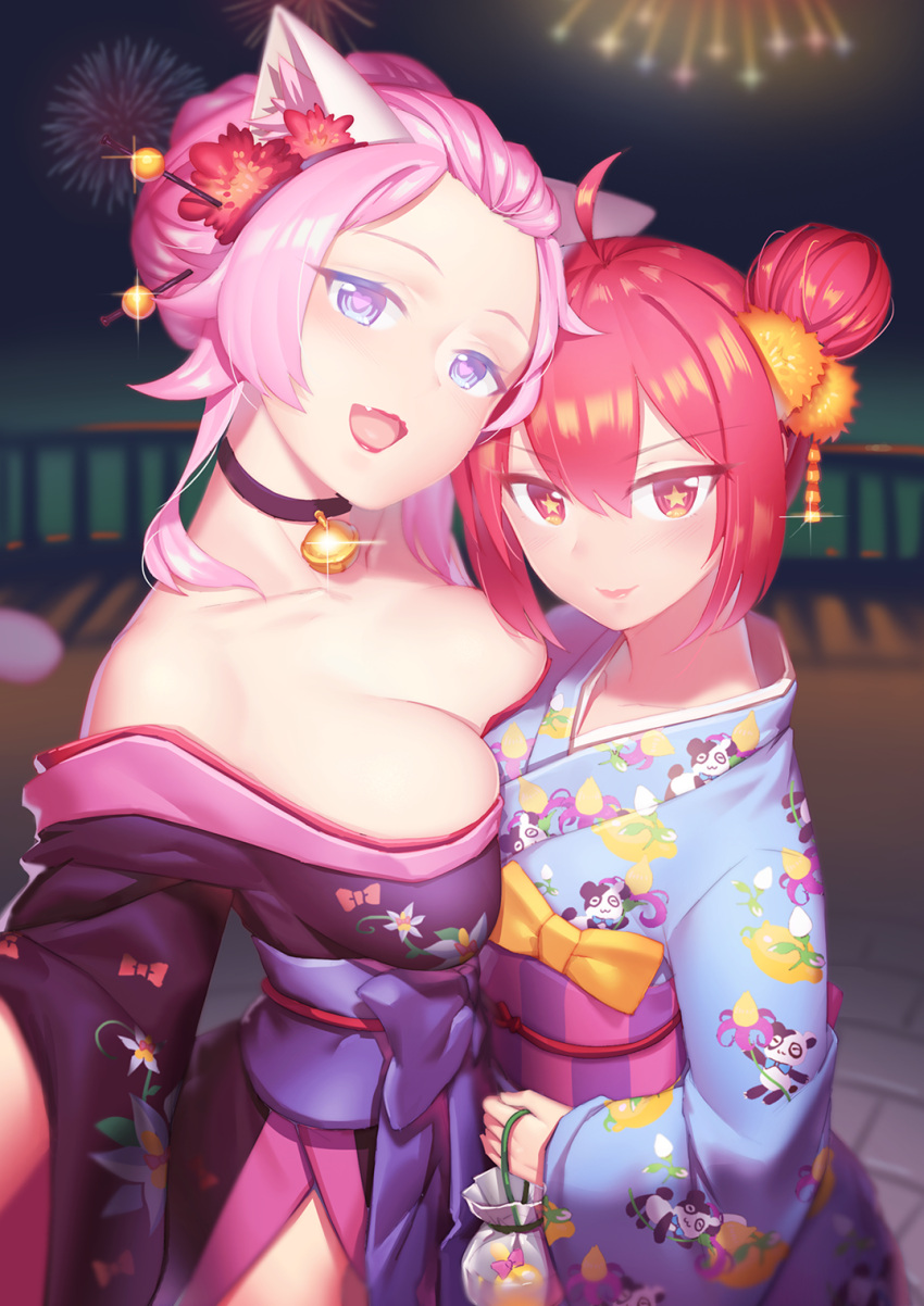 2girls ahoge animal_ears bangs bell blue_kimono blush breast_press breasts cat_ears character_print cleavage commentary double_bun fang fiodo fireworks floral_print flower forehead hair_flower hair_ornament heart heart-shaped_pupils highres japanese_clothes jingle_bell kimono large_breasts looking_at_viewer medium_breasts multiple_girls neck_bell original outdoors purple_kimono selfie sidelocks symbol-shaped_pupils tied_hair vivian_(mvv) xiao_me yukata yuri