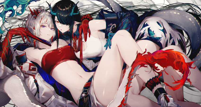 2girls absurdres arknights armpits bandeau bare_shoulders blue_gloves breasts cleavage cleavage_cutout clothing_cutout collarbone commentary_request dusk_(arknights) elbow_gloves gloves green_hair highres horns jacket kurogiri large_breasts long_hair looking_at_viewer multiple_girls navel nian_(arknights) off_shoulder parted_lips pointy_ears purple_eyes red_gloves smile strapless thighs tube_top white_hair white_jacket