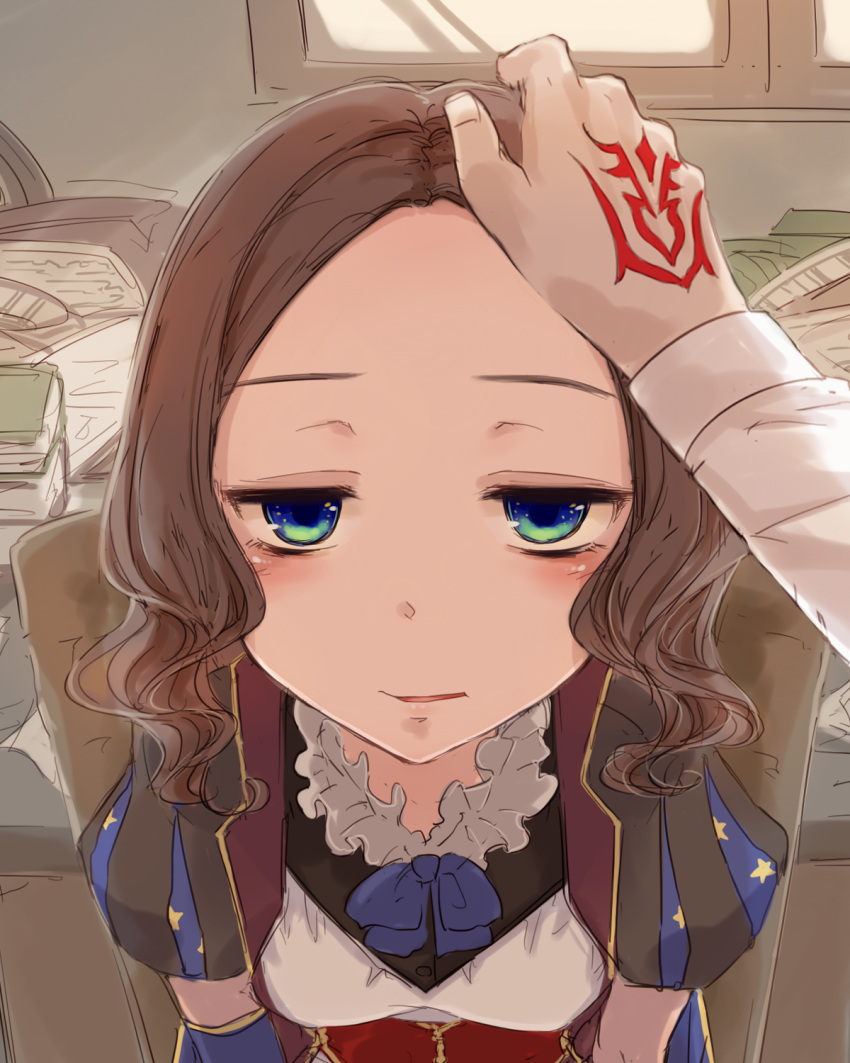 1girl blush brown_hair collar command_spell elbow_gloves expressionless fate/grand_order fate_(series) frilled_collar frills glaring gloves green_eyes headpat highres hourai_kochou jitome leonardo_da_vinci_(fate) leonardo_da_vinci_(rider)_(fate) looking_at_viewer medium_hair shirt single_elbow_glove single_glove solo_focus wavy_hair white_shirt