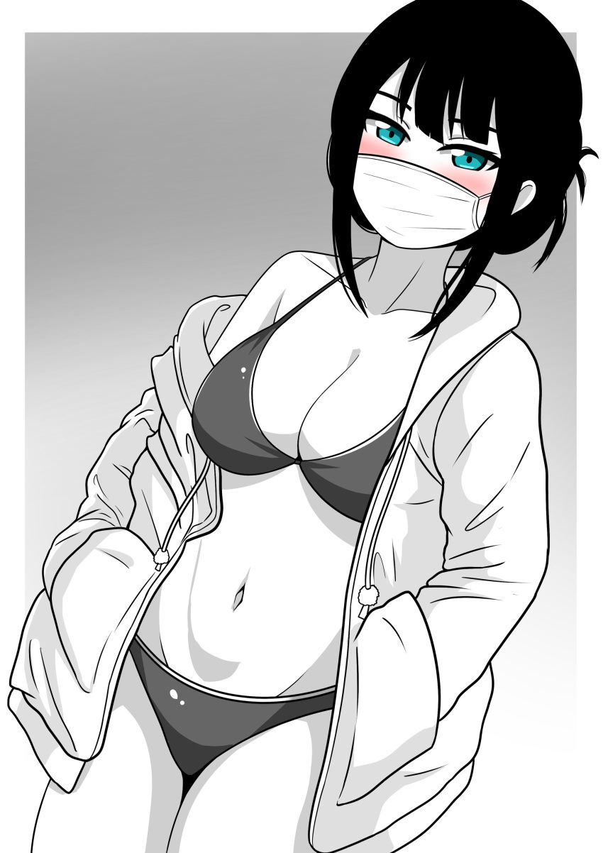 1girl absurdres bangs bikini black_bikini black_hair blue_eyes blush breasts cleavage grey_background gridman_universe hair_up hands_in_pockets hassu highres jacket long_sleeves looking_at_viewer mask medium_breasts mouth_mask navel pale_skin sidelocks solo ssss.gridman swimsuit the_only_shoe
