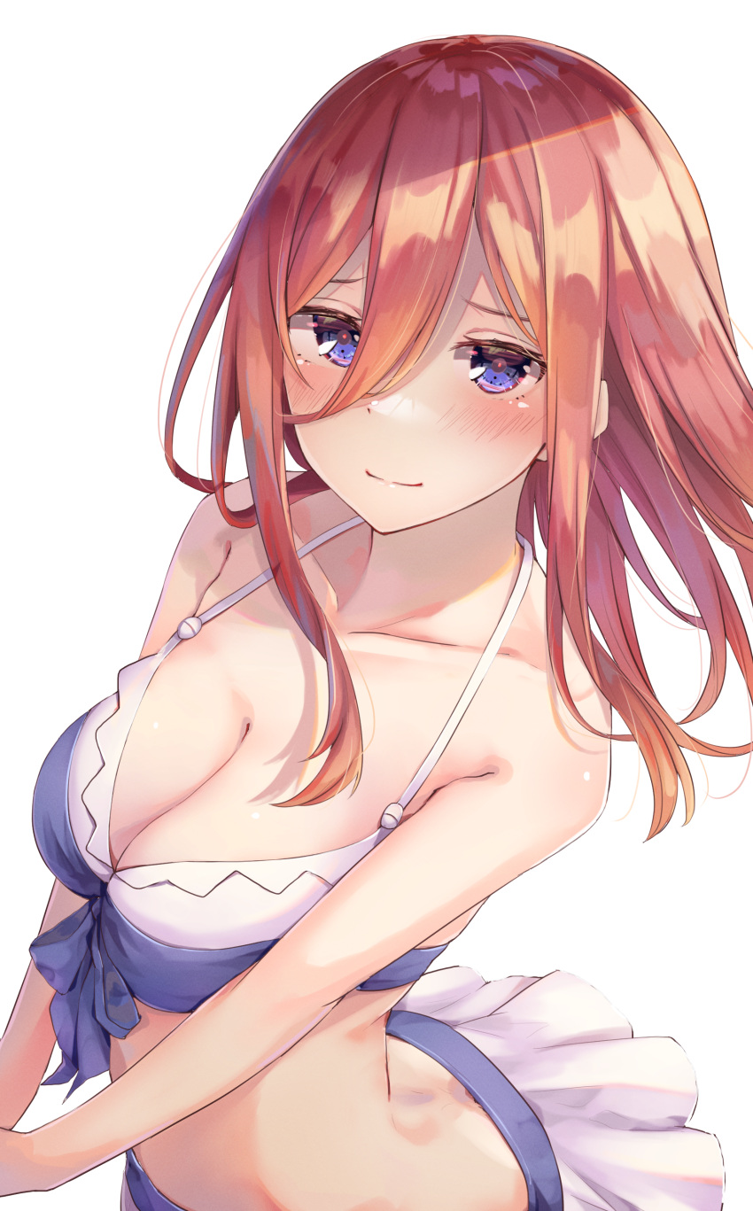 1girl absurdres bangs bikini bikini_top blue_bikini blue_eyes blue_swimsuit blush breasts cleavage closed_mouth collarbone frilled_bikini frilled_swimsuit frills go-toubun_no_hanayome hair_between_eyes highres large_breasts long_hair looking_at_viewer nakano_miku red_hair simple_background smile solo swimsuit white_background yuunamida_uyu