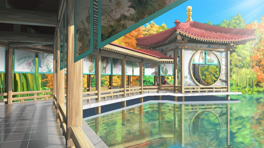 architecture chinese_commentary commentary_request east_asian_architecture fence lake moon_gate no_humans original painting_(object) pillar plant reflection reflective_water rooftop scenery shade sky sunlight tree water xingzhi_lv