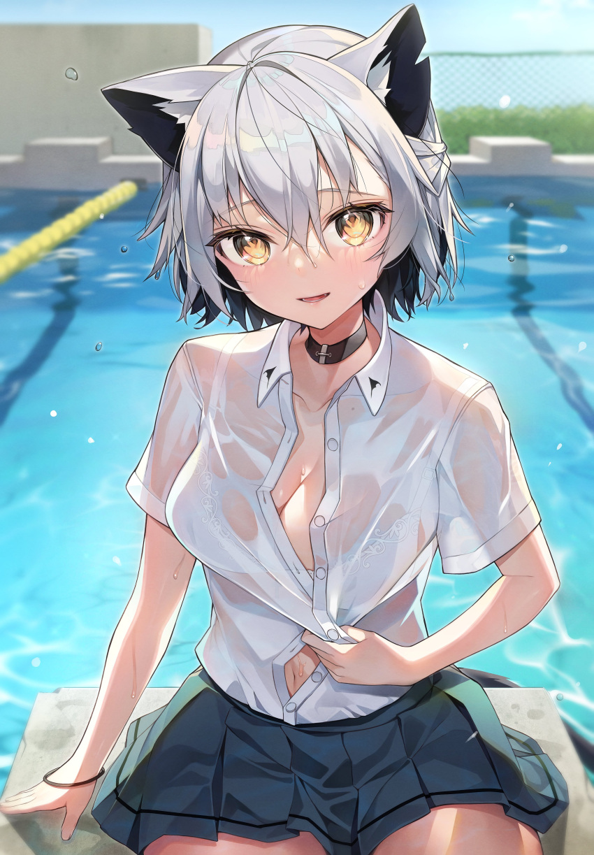 1girl absurdres animal_ears black_collar blush bra cat_ears cat_tail collar grey_hair highres looking_at_viewer navel open_clothes open_mouth open_shirt original pool poolside school_uniform see-through shirt sitting tail underwear water water_drop wet white_bra white_shirt yayoichi_(yoruyoru108) yellow_eyes