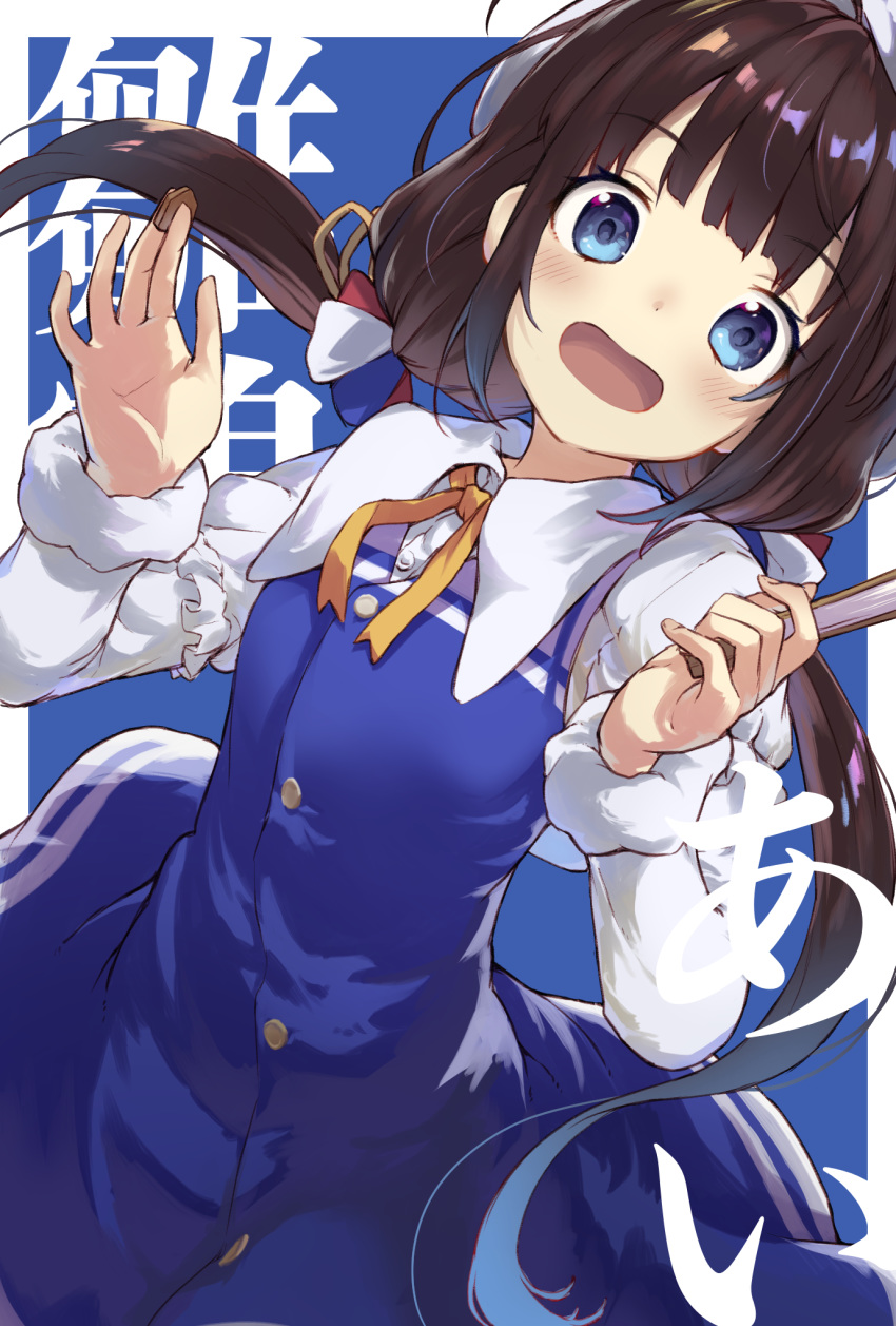 1girl bangs beret blue_background blue_eyes blunt_bangs board_game brown_hair eyebrows_visible_through_hair hat highres hinatsuru_ai long_hair looking_at_viewer low_twintails open_mouth ribbon ryuuou_no_oshigoto! sakurano_itsuki school_uniform shougi shougi_piece solo twintails white_hat yellow_ribbon