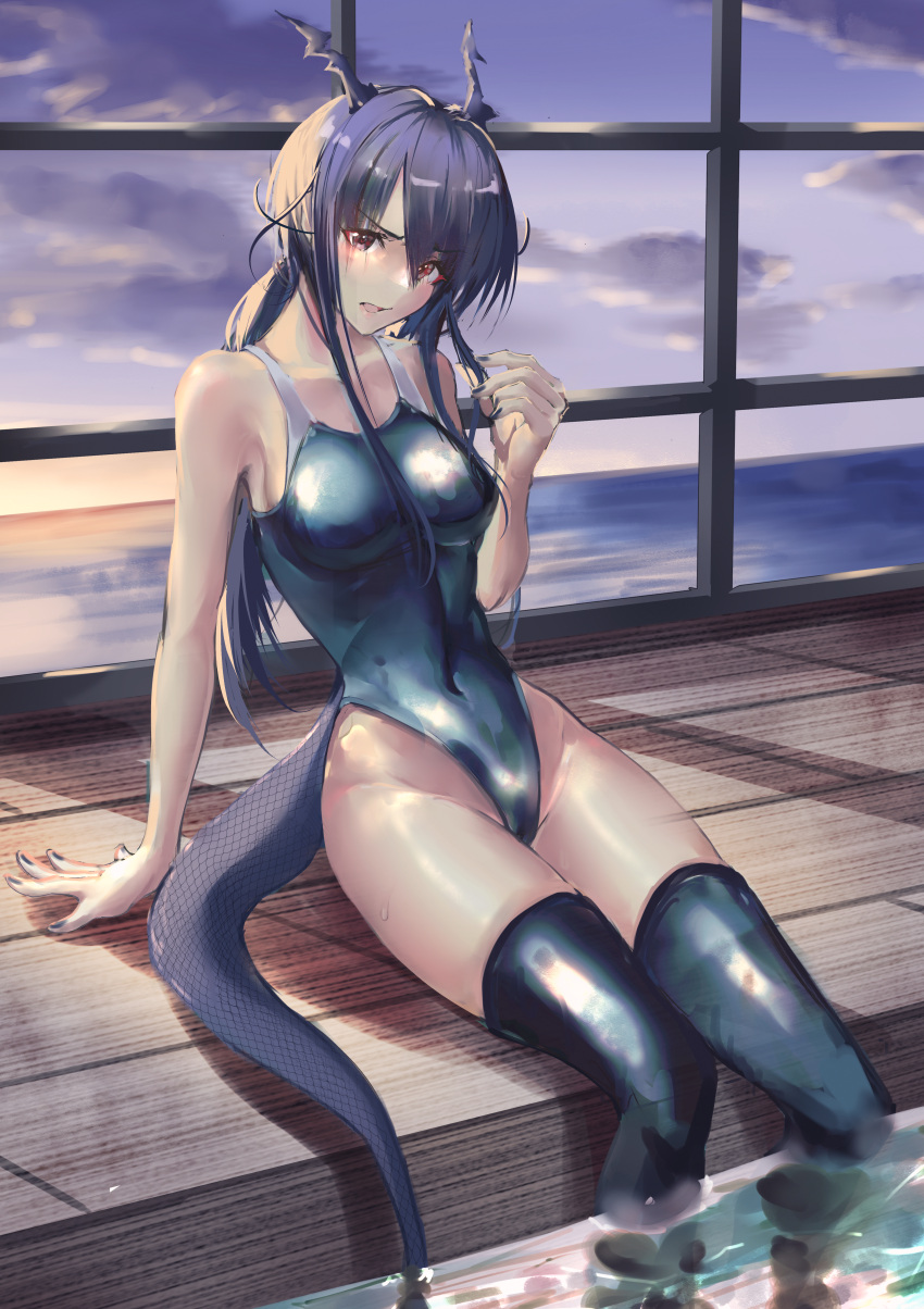 1girl absurdres alternate_costume arknights black_legwear blue_hair blue_nails blue_sky blue_swimsuit blush breasts ch'en_(arknights) cloud cloudy_sky commentary competition_school_swimsuit competition_swimsuit covered_navel day dragon_girl dragon_horns dragon_tail drmaho1 eyebrows_visible_through_hair feet_out_of_frame furrowed_brow groin hair_between_eyes highleg highleg_swimsuit highres holding holding_hair horns indoors long_hair looking_at_viewer medium_breasts nail_polish ocean one-piece_swimsuit open_mouth ponytail pool poolside red_eyes school_swimsuit scowl sidelocks sitting sky soaking_feet solo sweat swimsuit tail thighhighs thighs window