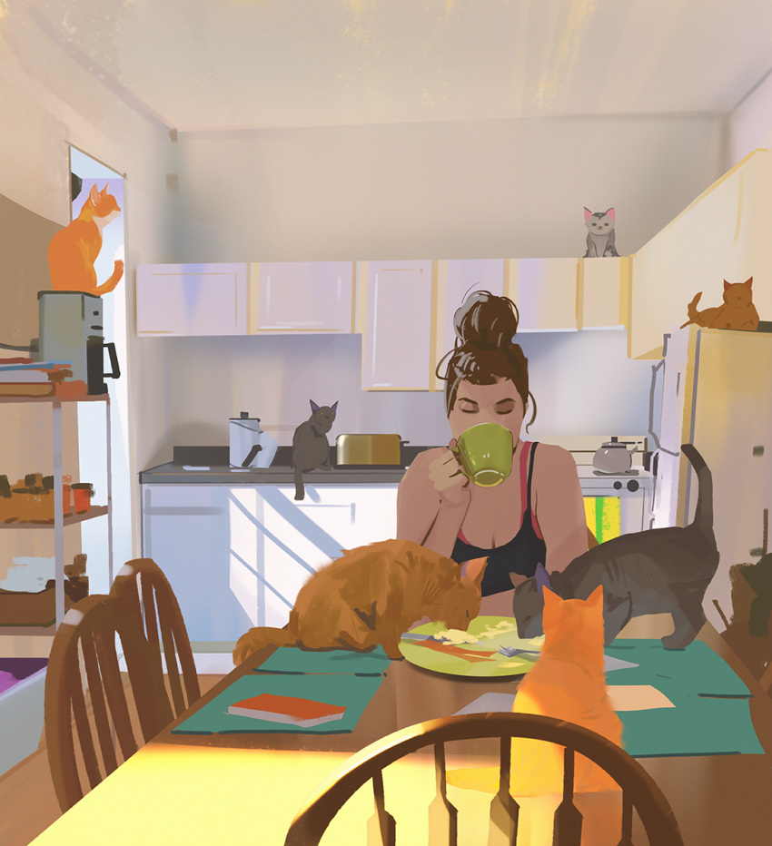 1girl black_cat cat closed_eyes coffee_mug cup food highres kitchen messy_hair mug orange_cat original outdoors painting refrigerator scenery snatti table too_many too_many_cats