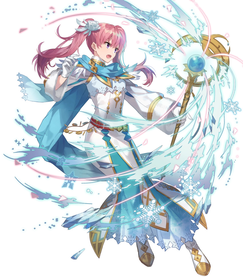 1girl bangs belt detached_sleeves dress eihi feather_trim fire_emblem fire_emblem:_the_blazing_blade fire_emblem_heroes full_body fur_trim gloves gold_trim gradient gradient_clothes hair_ornament hand_up highres holding long_dress long_hair long_sleeves looking_away official_art open_mouth pink_hair purple_eyes scarf serra_(fire_emblem) shiny shiny_hair smile snowflakes solo staff tied_hair transparent_background twintails white_gloves