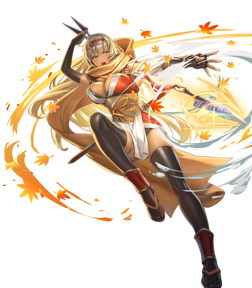 1girl arm_guards armor autumn_leaves bangs black_gloves black_legwear blonde_hair breasts cleavage cuboon dark-skinned_female dark_skin elbow_gloves fingerless_gloves fire_emblem fire_emblem:_the_binding_blade fire_emblem_heroes full_body gloves hair_ornament hairband highres igrene_(fire_emblem) japanese_clothes large_breasts leg_up long_hair looking_away mole mole_under_eye ninja official_art open_mouth pelvic_curtain sandals scarf sheath sheathed shiny shiny_clothes shiny_hair shiny_skin sleeveless solo sword thighhighs thighs throwing transparent_background weapon yellow_eyes