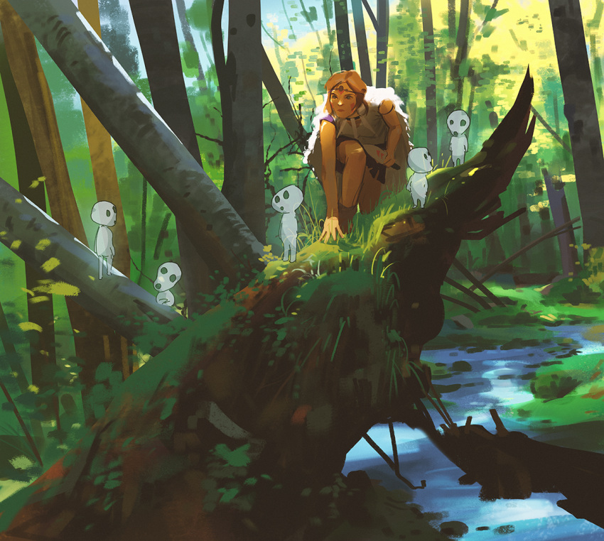 1girl brown_hair creature dappled_sunlight fantasy forest grass holding holding_weapon knife kodama mononoke_hime nature painting river san_(mononoke_hime) scenery snatti spirit sunlight weapon