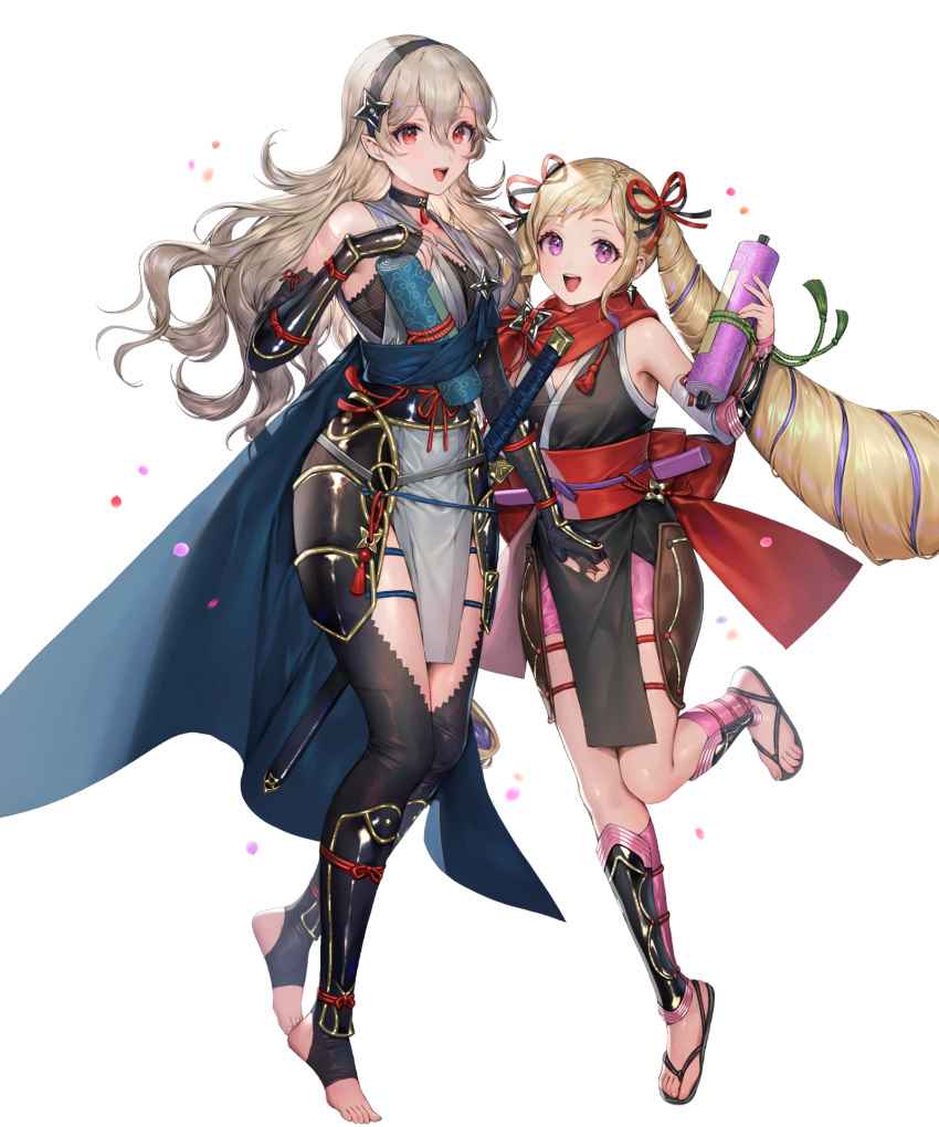 2girls alternate_costume armor bangs bare_shoulders black_gloves black_legwear blonde_hair bow bowtie cape choker corrin_(fire_emblem) corrin_(fire_emblem)_(female) elbow_gloves elise_(fire_emblem) fingerless_gloves fire_emblem fire_emblem_fates fire_emblem_heroes full_body gloves hair_ornament hairband highres holding japanese_clothes jewelry leg_up long_hair looking_at_viewer multiple_girls ninja no_socks obi official_art open_mouth pelvic_curtain pointy_ears purple_eyes red_eyes sandals sash scroll senchat sheath sheathed shin_guards shiny shiny_hair shiny_skin silver_hair sleeveless smile sword tied_hair toeless_legwear toes transparent_background twintails weapon