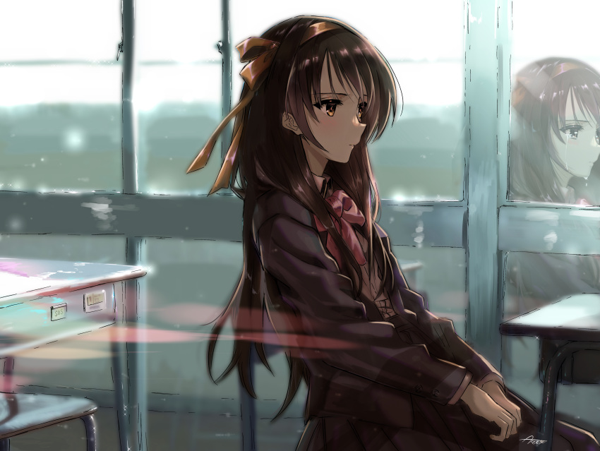 1girl absurdres bangs brown_eyes brown_hair check_commentary classroom closed_mouth commentary_request crying desk different_reflection hair_ribbon hairband highres kouyouen_academy_uniform lens_flare light_blush long_hair long_sleeves orange_hairband red_ribbon reflection revision ribbon school_desk school_uniform signature sitting solo suzumiya_haruhi suzumiya_haruhi_no_shoushitsu suzumiya_haruhi_no_yuuutsu teardrop verse