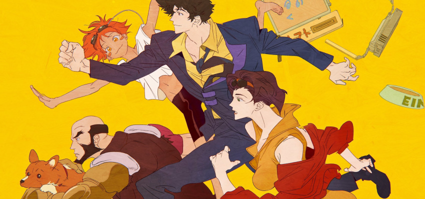 11114tai 2boys 2girls androgynous animal bald beard bike_shorts black_hair black_necktie blush_stickers brown_eyes clenched_hand collarbone collared_shirt computer cowboy_bebop crop_top dark_skin dog edward_wong_hau_pepelu_tivrusky_iv ein_(cowboy_bebop) eyewear_on_head facial_hair faye_valentine food_bowl formal from_side goggles goggles_on_head green_eyes hairband highres holding holding_animal holding_dog jacket jet_black jumping long_sleeves loose_necktie mechanical_arms messy_hair midriff multiple_boys multiple_girls necktie off_shoulder orange_eyes orange_hairband orange_skirt outstretched_arms profile prosthesis prosthetic_arm purple_hair red_hair red_jacket running shirt single_mechanical_arm skirt sleeveless sleeves_rolled_up smile spike_spiegel suit sunglasses tomboy upper_body welsh_corgi white_shirt yellow_background yellow_shirt
