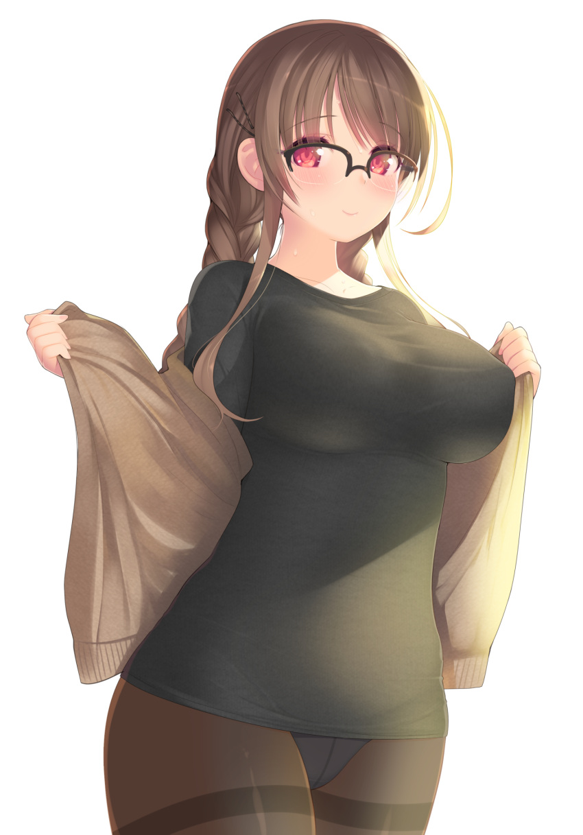 1girl ahoge arima_senne black_legwear black_shirt blush braid breasts brown_hair glasses highres jacket kashiwamochi_yomogi large_breasts lingerie long_hair original panties panties_under_pantyhose pantyhose red_eyes shirt simple_background smile solo sweater_jacket t-shirt thighband_pantyhose underwear