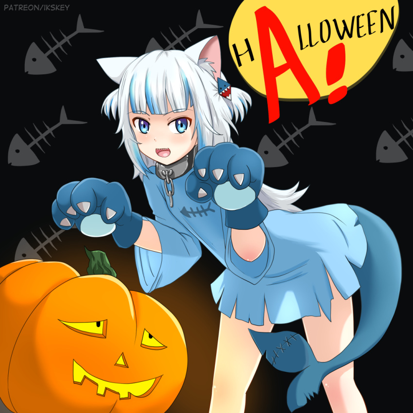 1girl :d alternate_costume animal_ear_fluff animal_hands bangs blue_dress blue_hair blunt_bangs chain collar commentary dress eyebrows_visible_through_hair fish_tail gawr_gura gloves hololive hololive_english huyase jack-o'-lantern leaning_forward long_hair looking_at_viewer metal_collar multicolored_hair paw_gloves shark_tail sharp_teeth smile solo tail teeth torn_clothes torn_dress two-tone_hair two_side_up virtual_youtuber white_hair wide_sleeves