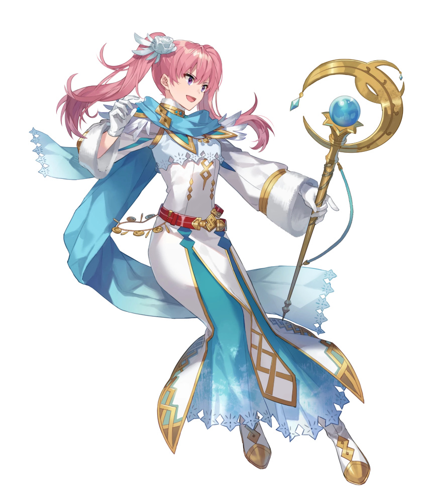 1girl bangs belt detached_sleeves dress eihi feather_trim fire_emblem fire_emblem:_the_blazing_blade fire_emblem_heroes full_body fur_trim gloves gold_trim gradient gradient_clothes hair_ornament hand_up highres holding long_dress long_hair long_sleeves looking_away official_art open_mouth pink_hair purple_eyes scarf serra_(fire_emblem) shiny shiny_hair smile solo staff tied_hair transparent_background twintails white_gloves