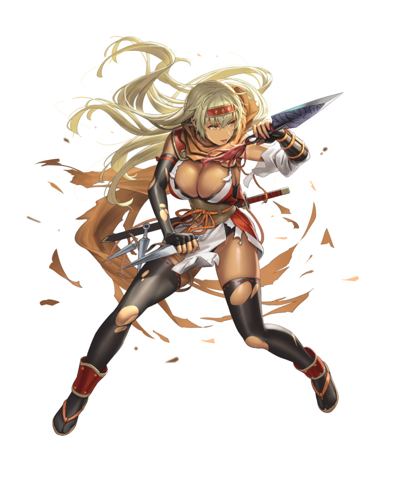 1girl arm_guards black_gloves black_legwear blonde_hair breasts cleavage closed_mouth cuboon dark-skinned_female dark_skin elbow_gloves fire_emblem fire_emblem:_the_binding_blade fire_emblem_heroes full_body gloves hair_ornament hairband highres holding holding_weapon igrene_(fire_emblem) japanese_clothes kunai large_breasts lips lipstick long_hair looking_away makeup mole mole_under_eye ninja official_art pelvic_curtain reverse_grip sandals scarf sheath sheathed shiny shiny_skin sleeveless solo standing sword thighhighs thighs torn_clothes transparent_background weapon yellow_eyes