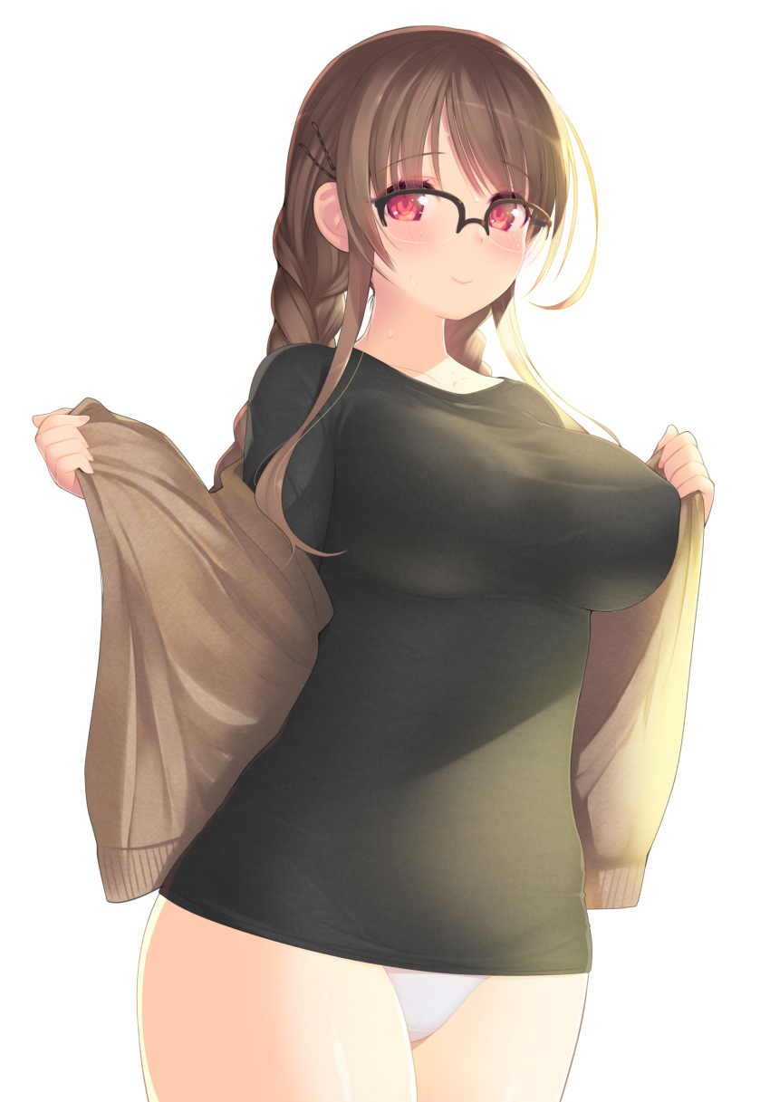 1girl ahoge arima_senne black_shirt blush braid breasts brown_hair glasses highres jacket kashiwamochi_yomogi large_breasts lingerie long_hair original panties red_eyes shirt simple_background smile solo sweater_jacket t-shirt underwear